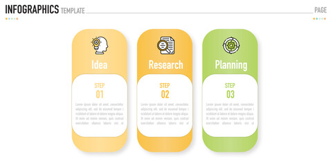Rectangular infographic template or element with 3 step, process, option, colorful rectangle, icons, triangle, paper origami, button, tag, circle, circular, square bar for sale slide, internet planner