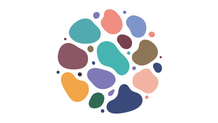Fototapeta premium Abstract composition of organic rounded shapes in various muted colors arranged in a circular pattern on a white background.