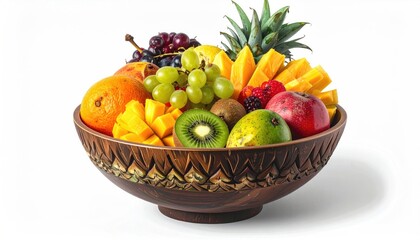 Assorted colorful fruits arranged in a decorative wooden bowl, isolated on a white backdrop