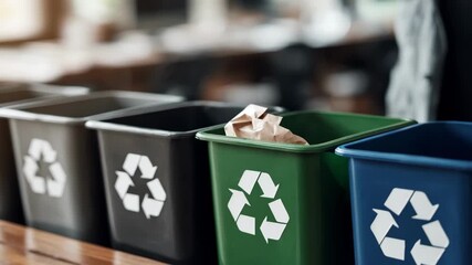 Office worker in a medium shot placing plastic and paper waste into a multicompartment recycling bin near a corporate workspace emphasizing sustainable office habits.