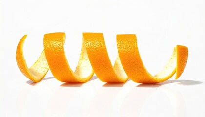 Orange peel curled in spiral shape, isolated on white surface with reflection