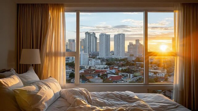 Sunrise City View: An inviting bedroom's window frames a vibrant cityscape at sunrise, with warm light painting the sky and illuminating the skyline, inviting a feeling of urban tranquility.