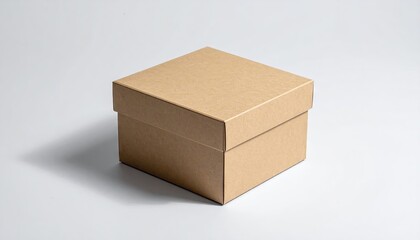 Cardboard box sits alone, casting a shadow on a white surface, simple and isolated