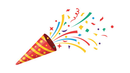 Colorful festive party popper exploding with a burst of multi-colored confetti, streamers, and stars to celebrate a joyful special occasion.