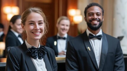 Elegance in Service: A team of well-groomed hospitality professionals stand ready, their genuine smiles and impeccable attire reflecting a commitment to service and guest experience. 