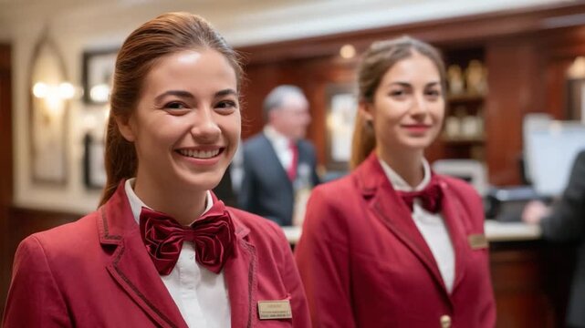 Welcoming Hospitality: Two elegantly dressed hotel staff members radiate warmth and professionalism, ready to offer exceptional service and create memorable experience.