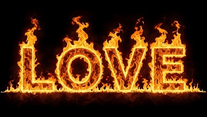 The word love written in fiery letters on a dark background
