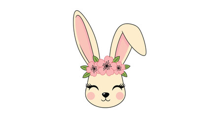 Fototapeta premium Cute rabbit face illustration wearing a flower crown of pink blossoms and green leaves on a plain white background for children.
