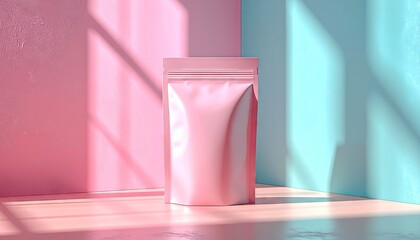Pink pouch stands against colorful backdrop, lit by window shadows.