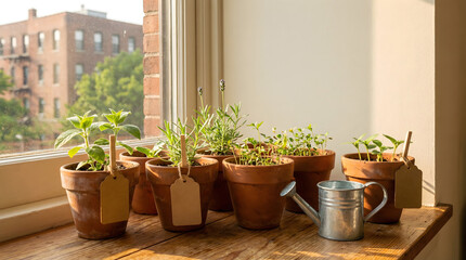 Urban Herb Garden on Sunny Windowsill: Sustainable Edible Landscaping with Potted Seedlings and Watering Can in Modern Apartment Setting