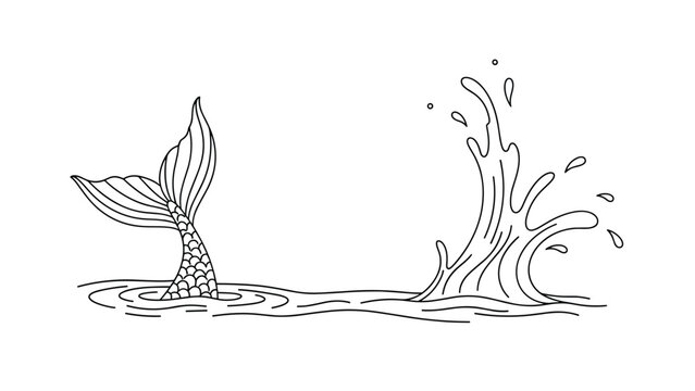 Simple line art drawing of a mermaid tail emerging from the ocean with water splashing on the side in a clean black and white style.