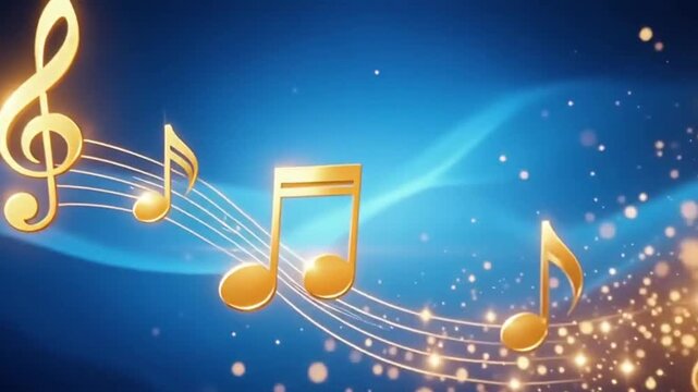 Abstract blue background with golden music notes and light effects, celebrating World Music Day, banner with copy space.