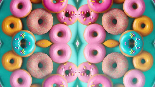 Vibrant donut kaleidoscope with digital glitch effects. A colorful 4K animation featuring symmetrical patterns of glazed and sprinkled sweets. Perfect for food art and creative backgrounds.
