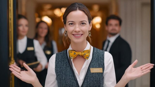 Warm Welcome: A gracious hotel staff extends a friendly greeting, poised at an elegant entrance to welcome guests. 