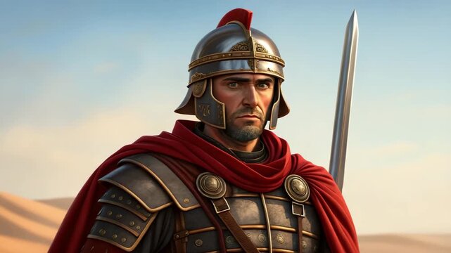 A stoic Roman soldier in full armor opens his eyes. Cinematic portrait of an ancient warrior centurion in the desert. Historical military concept