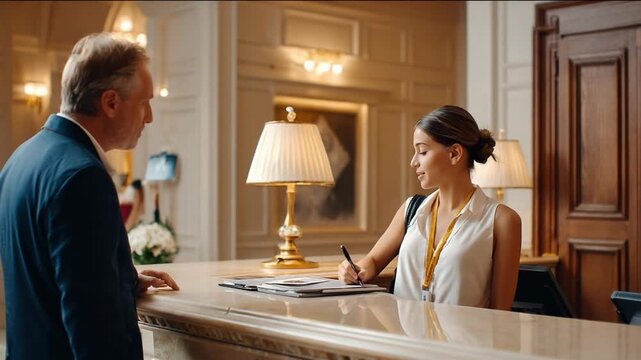 Hotel Reception: A hotel guest interacts with a receptionist, possibly checking in or seeking assistance, within the elegant setting of a luxury hotel lobby.