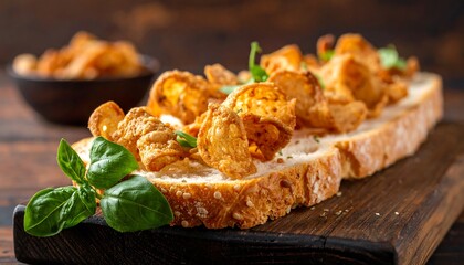 Delicious Toasted Bread with Crispy Fried Pork Rinds and Fresh Basil Garnish