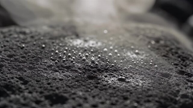 A close-up view of a dark, porous surface with white specks and bubbles on it, possibly a natural or man-made material.