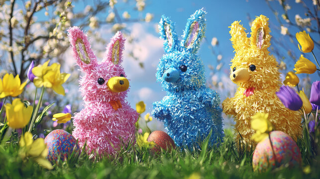 Three colorful Easter bunnies made of coconut flakes sit amidst grass, flowers, and painted eggs, with a bright, cheerful sp backdrop adding festive joy.