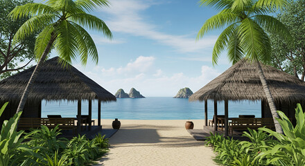 Image depicts a serene tropical beach setting with a focus on two thatched-roof huts made of dark, natural materials. These huts are positioned on either side of a sandy pathway that leads towards a c