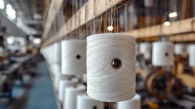 Thread spools hang in a textile factory showing the process of yarn production in action