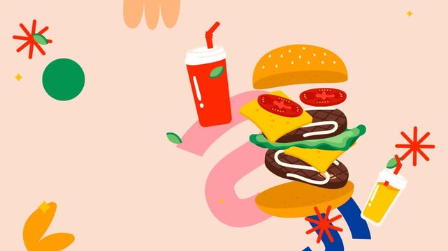 Playful 4K animation of a stylized burger that separates into layers and snaps back together. Complemented by colorful drinks and pop art shapes. Ideal for vibrant food ads and digital menus.
