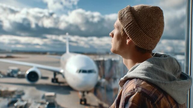 Dreamy Departure: A young man gazes dreamily through a large window, his eyes fixated on the promise of travel as an aircraft awaits on the tarmac.