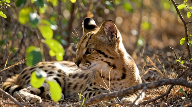 African Wildcat Resting in Shade with Eyes Focused, Beautiful Leopard-like Fur in Natural Habitat