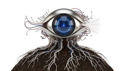 Cyborg eye with wires and roots on human head