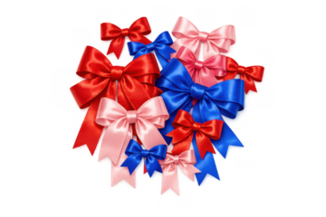 Red, pink, and blue satin bows decorating gifts, celebrating holidays, birthdays, and special occasions
