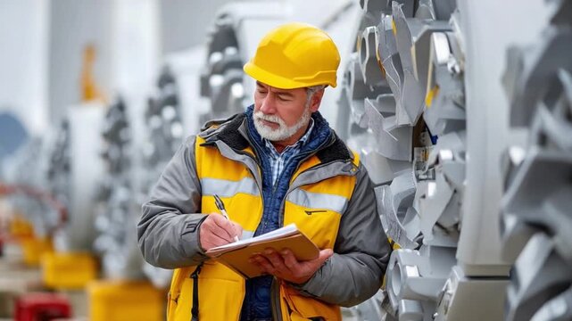 Quality Control: A seasoned inspector, in his safety gear, diligently reviews documentation at a sprawling factory facility, ensuring the utmost precision.