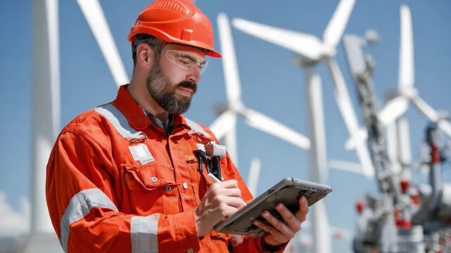 Engineer Inspecting Wind Turbines: An engineer, dressed in safety gear, meticulously examines a digital tablet in front of a sprawling wind turbine farm.