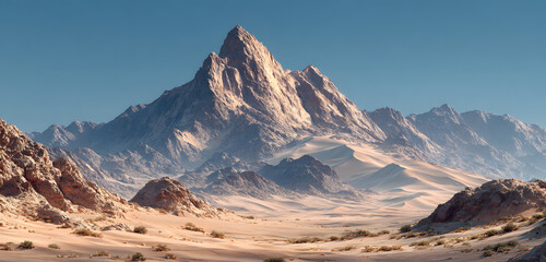 Expansive desert landscape panorama with jagged sandy mountains. Rolling dunes create a stark, arid terrain under a bright sky. Vastness and solitude define this barren wilderness environment.