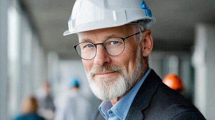 Focused Vision: An experienced construction engineer, wearing a safety helmet and glasses, surveys his work site with a calm and confident demeanor. Capturing a sense of expertise and dedication.