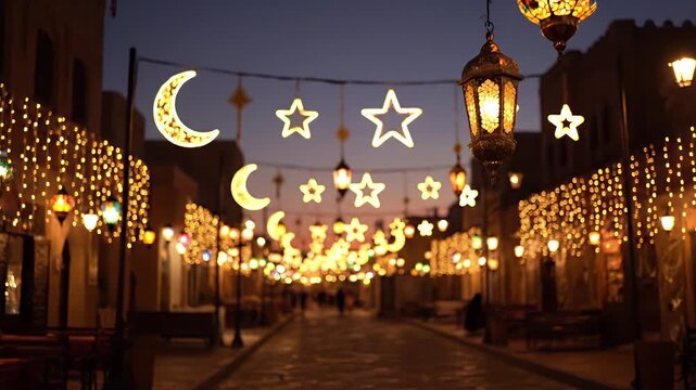 Golden Hour Glow of Intricate Ramadan Festive Lights and Lanterns Adorning a Traditional Street at Twilight