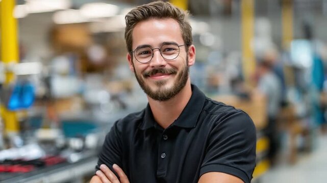 Modern Professional at Work: A confident professional stands in a vibrant factory setting, embodying competence and reliability, smiling as they demonstrate focus, expertise and innovation.