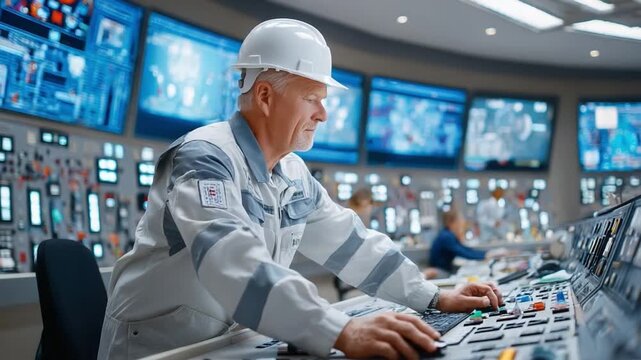 Control Center Operator at Work: An engineer, with focused determination, meticulously monitors complex systems, ensuring seamless operations within a high-tech control center.