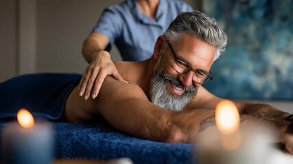 Relaxed man receiving a calming massage in a tranquil spa room with soft lighting and aromatic candles emphasizing stress relief and selfcare.