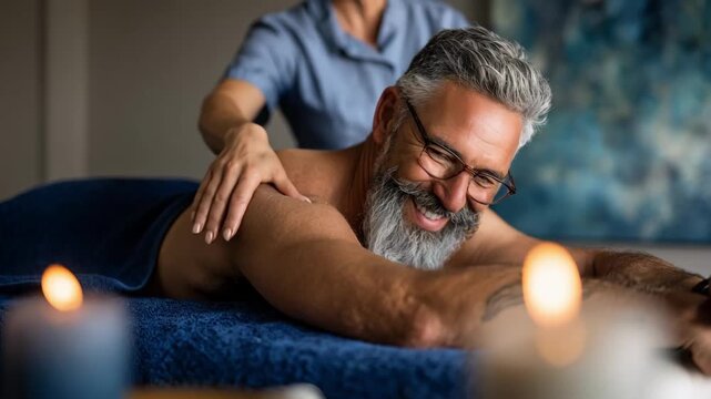 Relaxed man receiving a calming massage in a tranquil spa room with soft lighting and aromatic candles emphasizing stress relief and selfcare.