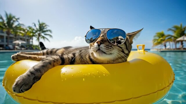 Cool Cat Sunbathing on Inflatable Pool Float with Tropical Vacation.