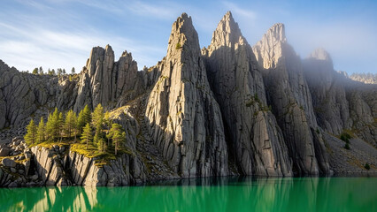Dramatic rocky mountain landscape with serene lake, creating peaceful atmosphere with natural lighting and vibrant colors, showcasing rugged terrain and scenic beauty