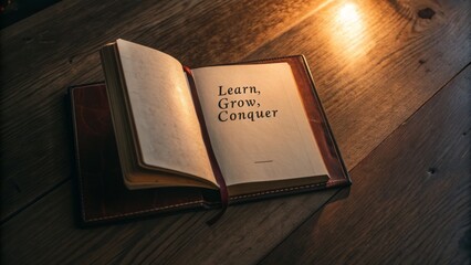 Open Book with Motivational Message on a Wooden Surface