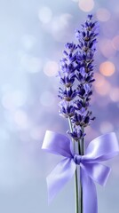 lavender sprig gift tied with ribbon in soft pastel blur effect