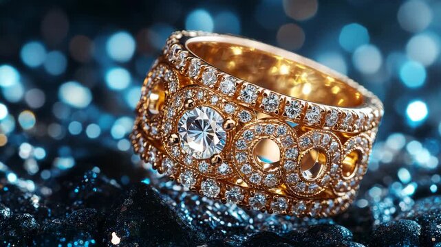 Beautiful gold ring with diamonds showcased on a blue sparkling background
