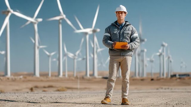 Engineer in the Wind Farm: A skilled engineer, in the midst of a wind farm, assesses the potential of sustainable energy.