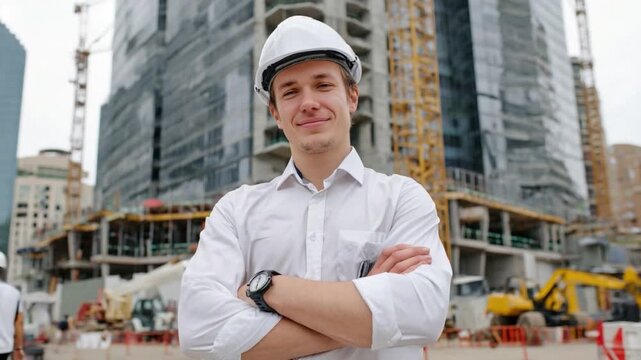 Building a Dream: Confident construction worker stands with crossed arms in front of an ongoing construction site. Showcasing experience, expertise, and a commitment to building a brighter future.
