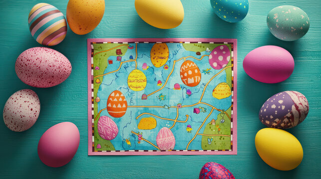 Colorful Easter eggs and a whical map hinting at a delightful treasure hunt create a festive and cheerful holiday celebration on a bright turquoise background.