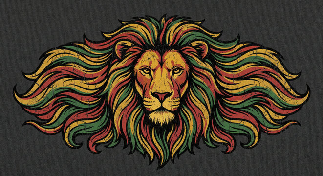 Vintage Rasta Lion Head Illustration With Flowing Red Yellow Green Mane on Dark Background