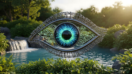 Cyborg eye overlooking serene natural waterfall landscape