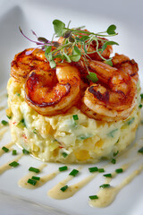 Gourmet American potato salad molded in round shape topped with honey mustard grilled shrimp and microgreens on white background
